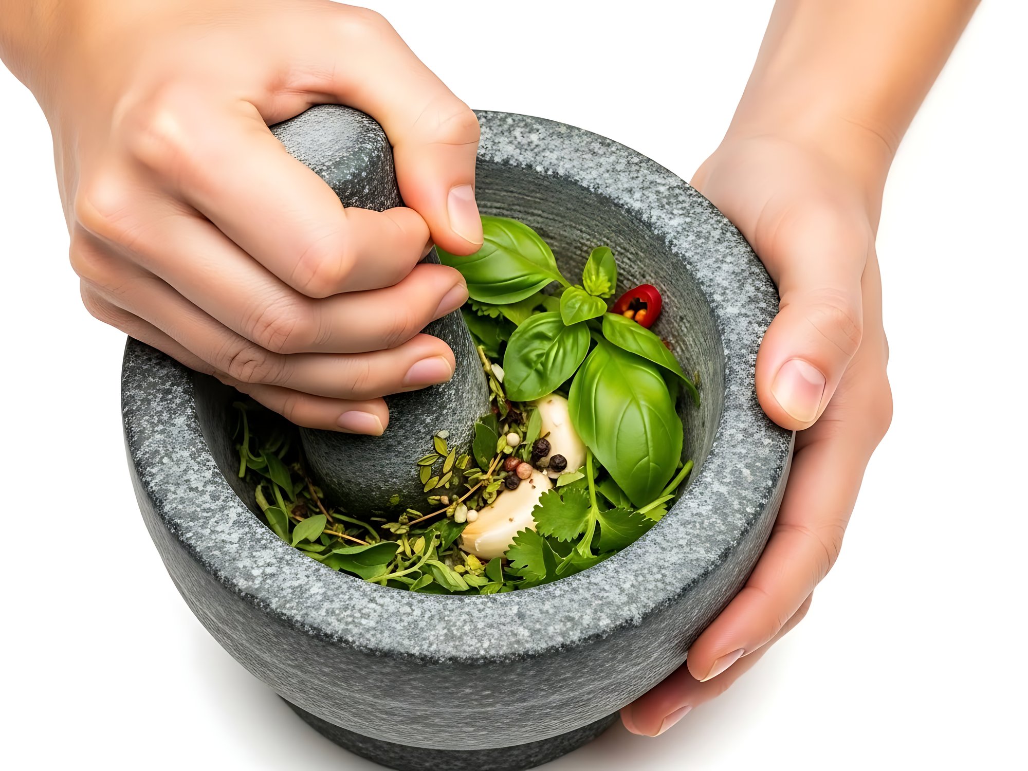 Close-up of hands garnishing dish