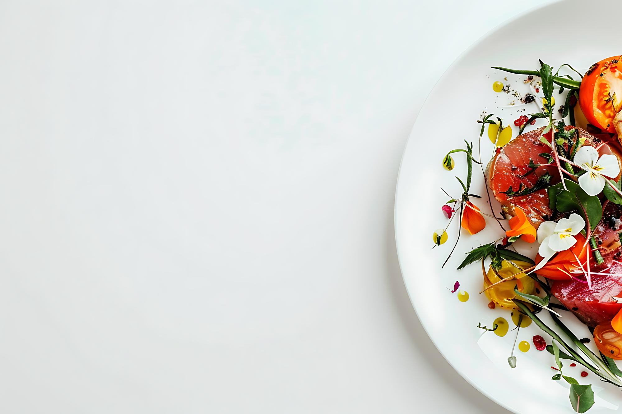 Compact overhead of plated tasting menu
